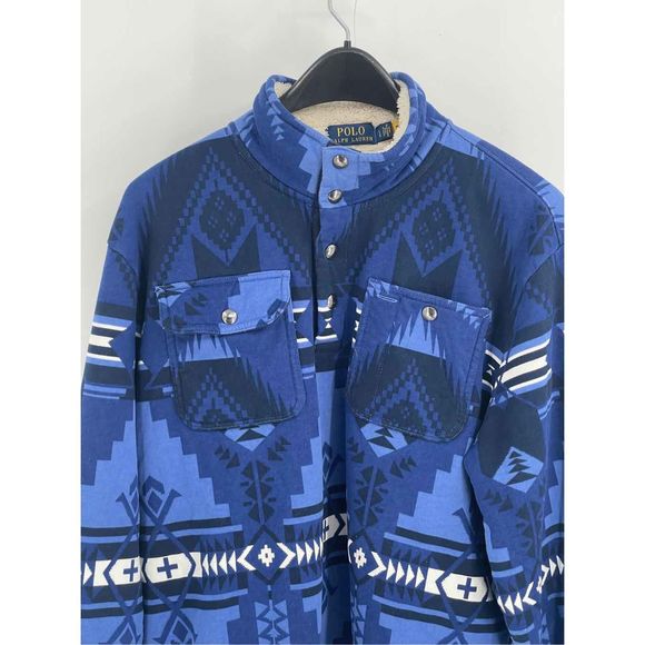 Polo Ralph Lauren Pullover Sweatshirt Men Large SouthwestFleece Mockneck Blue - Picture 2 of 12